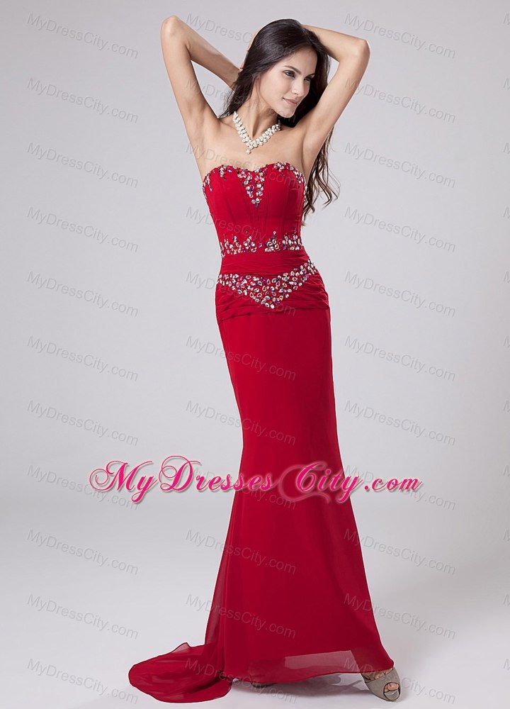 Red Beaded Mermaid Sweetheart Watteau Prom Dress