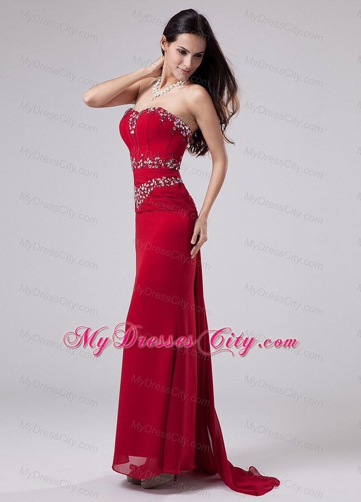 Red Beaded Mermaid Sweetheart Watteau Prom Dress