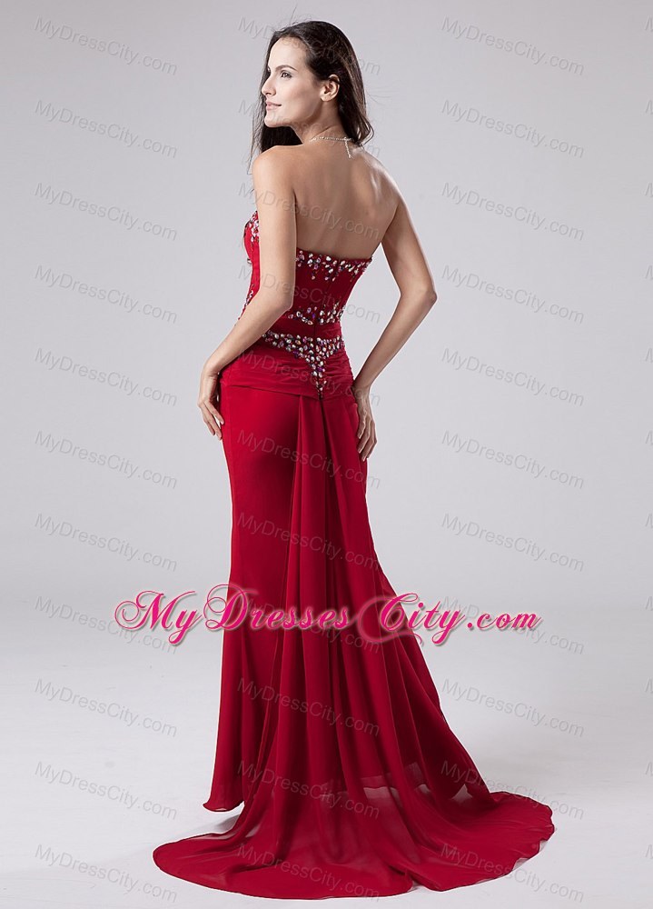 Red Beaded Mermaid Sweetheart Watteau Prom Dress