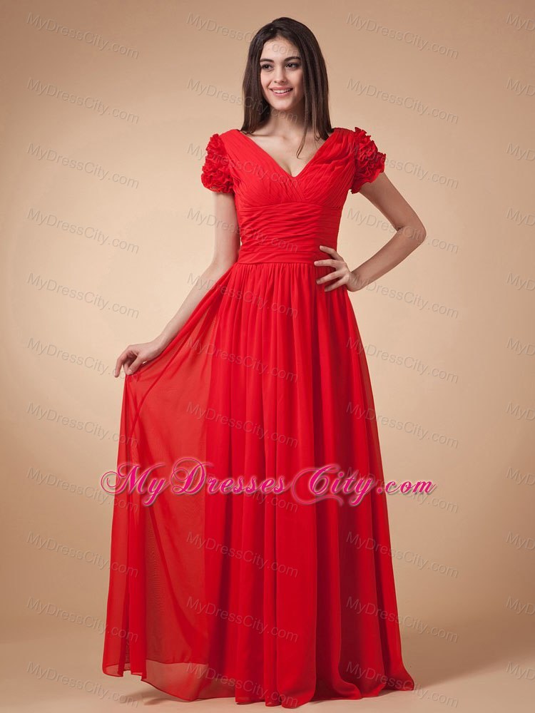 Long Red Chiffon Prom Dress V-neck with Short Sleeves