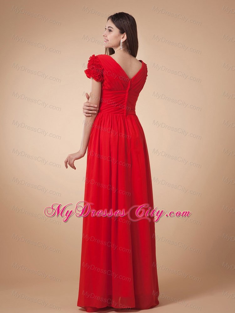 Long Red Chiffon Prom Dress V-neck with Short Sleeves