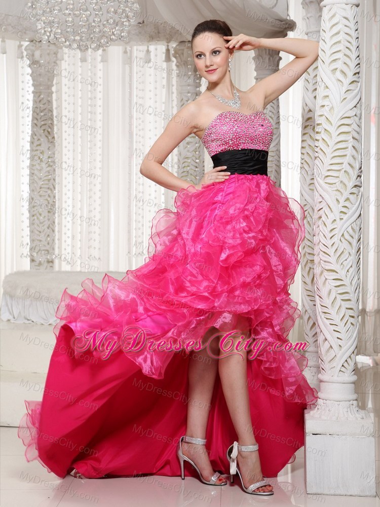 Hot Pink Beaded High-low Evening Dress with Black Belt