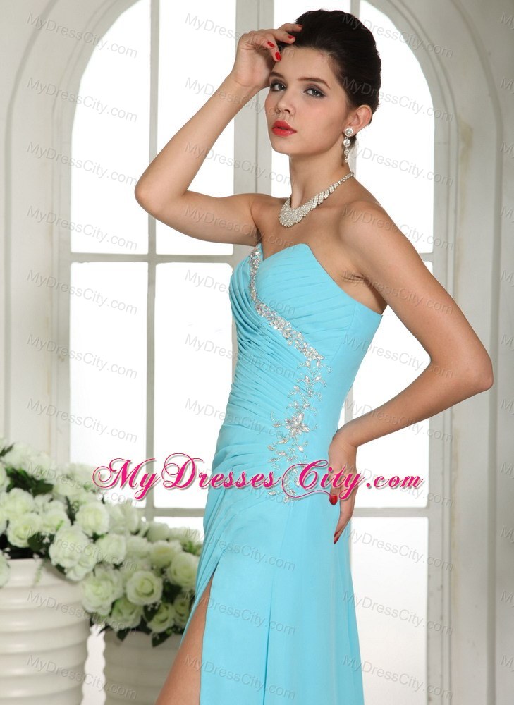 Blue Sweetheart Beaded Ruching 2013 Prom Dress High Slit