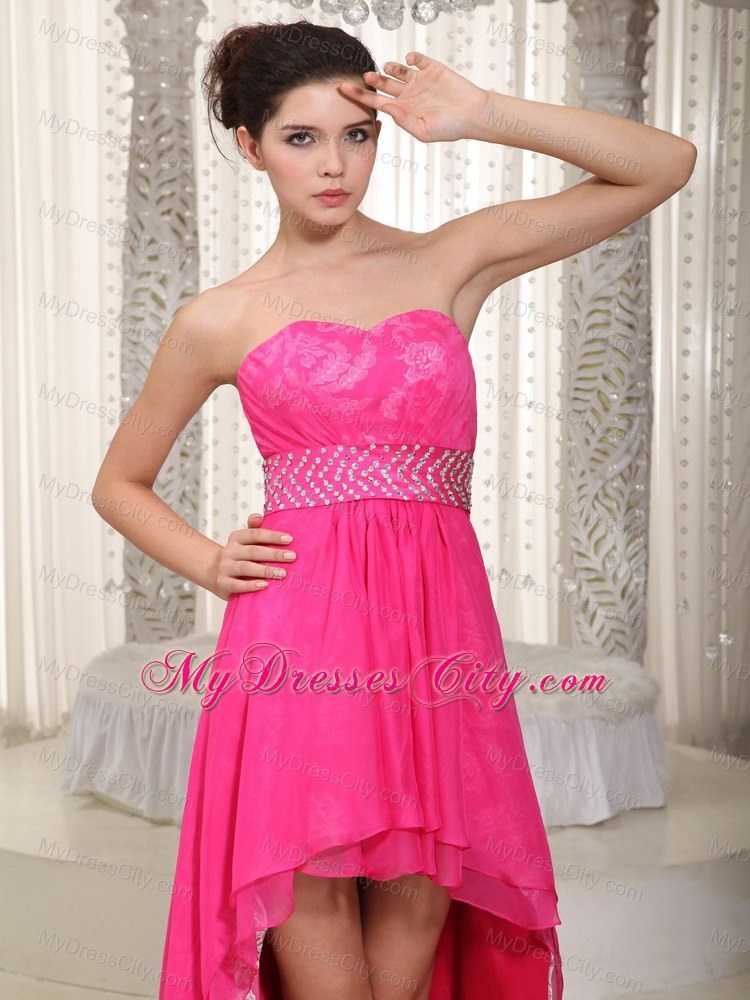 Cheap Hot Pink High-low Lace Beaded Prom Evening Dress