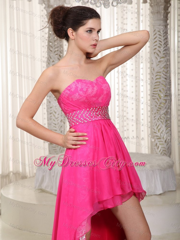 Cheap Hot Pink High-low Lace Beaded Prom Evening Dress