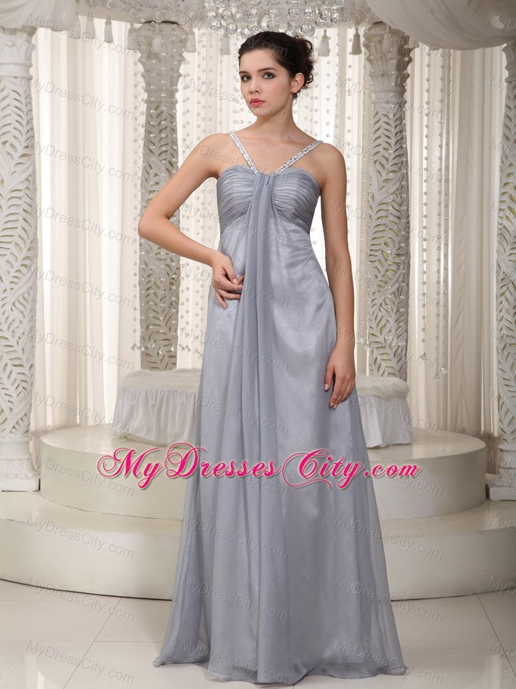 Gray Empire Straps Chiffon Beaded Prom Pageant Dress