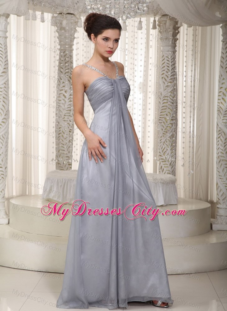 Gray Empire Straps Chiffon Beaded Prom Pageant Dress