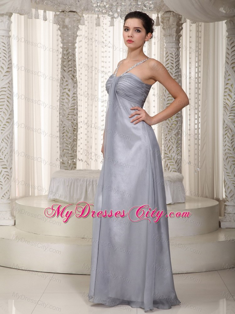 Gray Empire Straps Chiffon Beaded Prom Pageant Dress