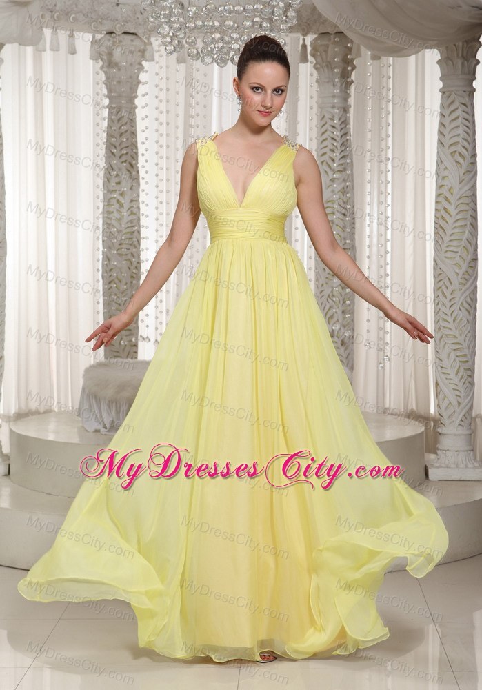 Light Yellow V-neck Chiffon Long Prom Dress 2013 Style