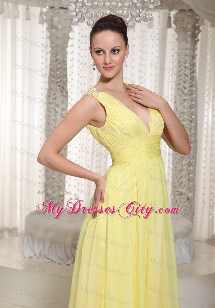 Light Yellow V-neck Chiffon Long Prom Dress 2013 Style