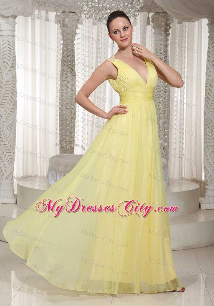 Light Yellow V-neck Chiffon Long Prom Dress 2013 Style