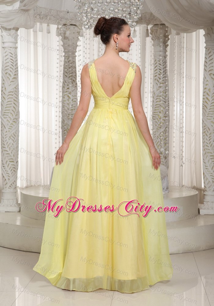 Light Yellow V-neck Chiffon Long Prom Dress 2013 Style