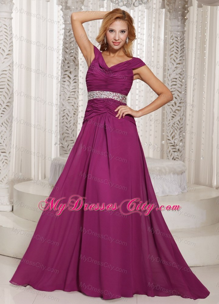 Fuchsia Off The Shoulder Ruched Prom Gown with Beading