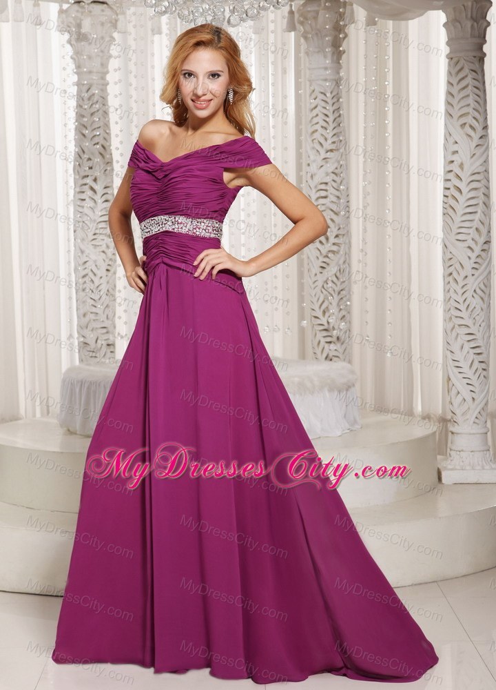 Fuchsia Off The Shoulder Ruched Prom Gown with Beading