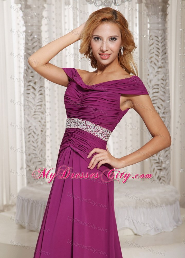 Fuchsia Off The Shoulder Ruched Prom Gown with Beading