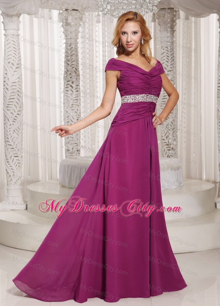 Fuchsia Off The Shoulder Ruched Prom Gown with Beading