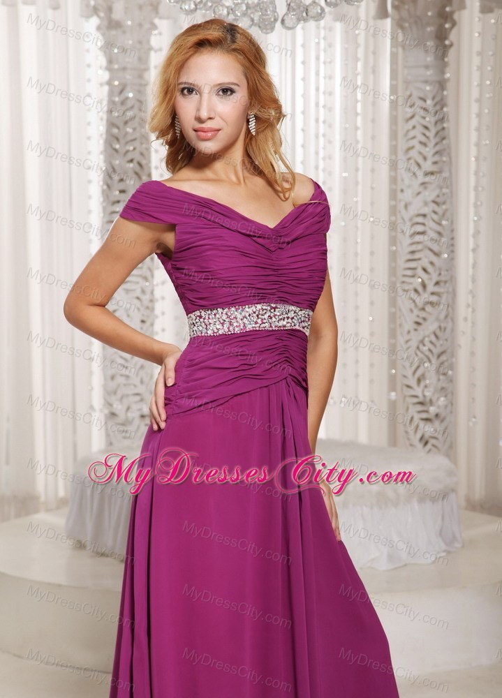 Fuchsia Off The Shoulder Ruched Prom Gown with Beading