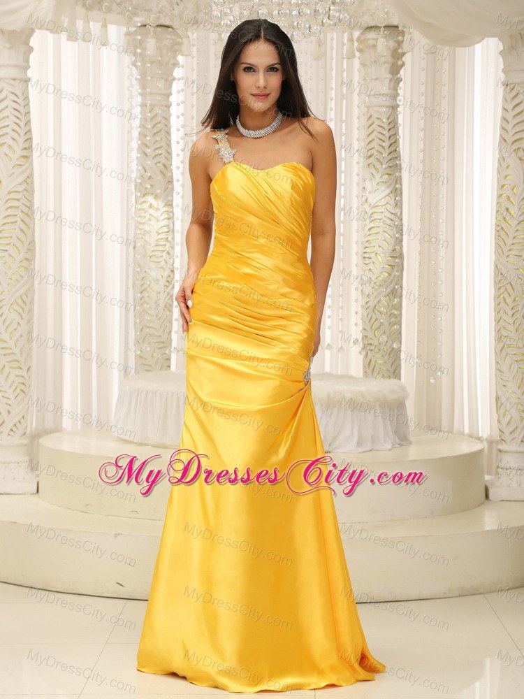 Appliques Decorate 2013 Yellow One Shoulder Prom Dress