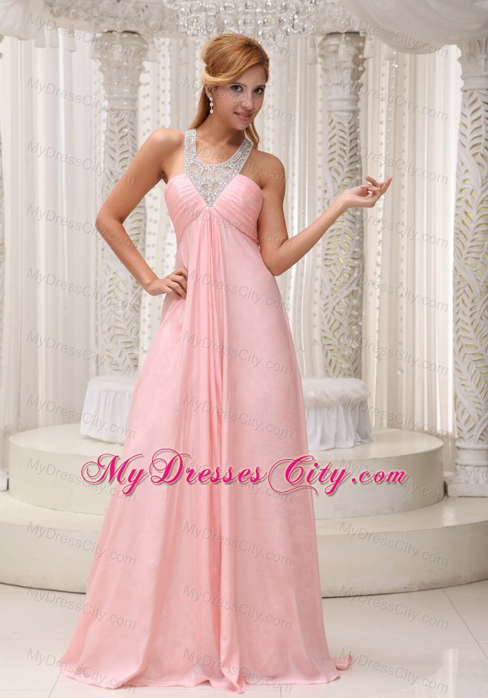 Baby Pink Scoop Chiffon Ruched Brush Train Prom Dress 2013