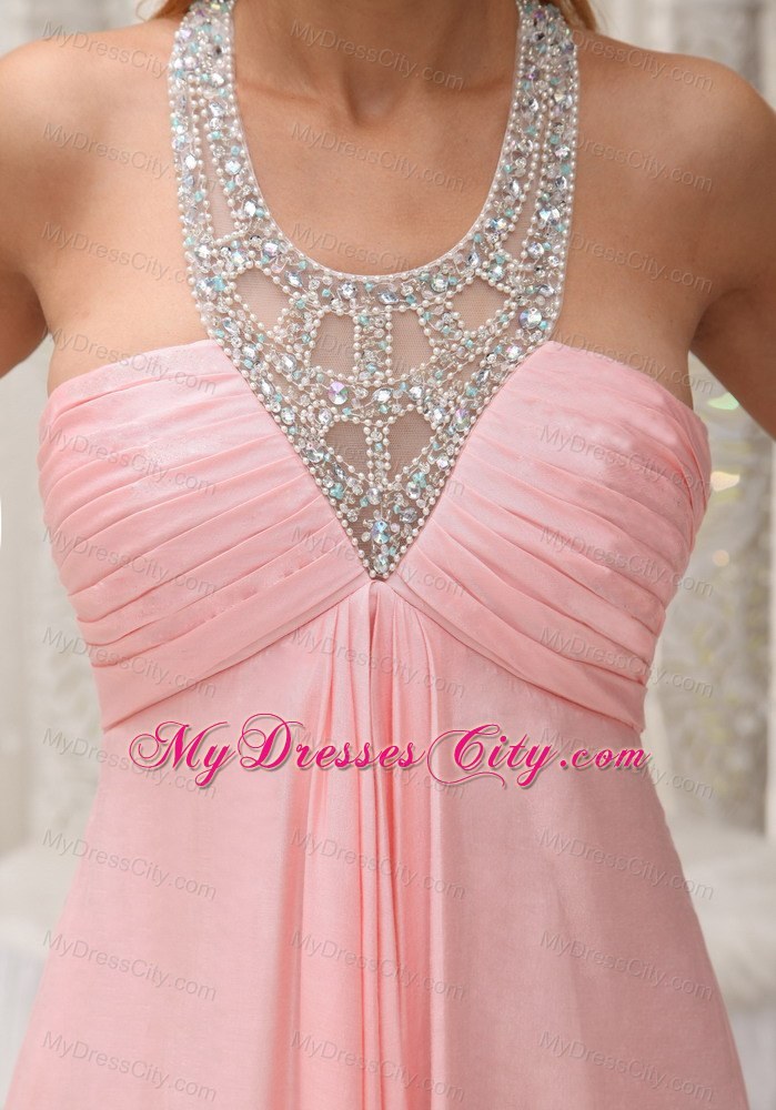 Baby Pink Scoop Chiffon Ruched Brush Train Prom Dress 2013