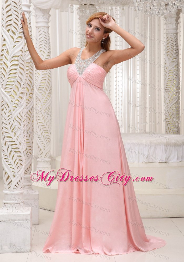 Baby Pink Scoop Chiffon Ruched Brush Train Prom Dress 2013