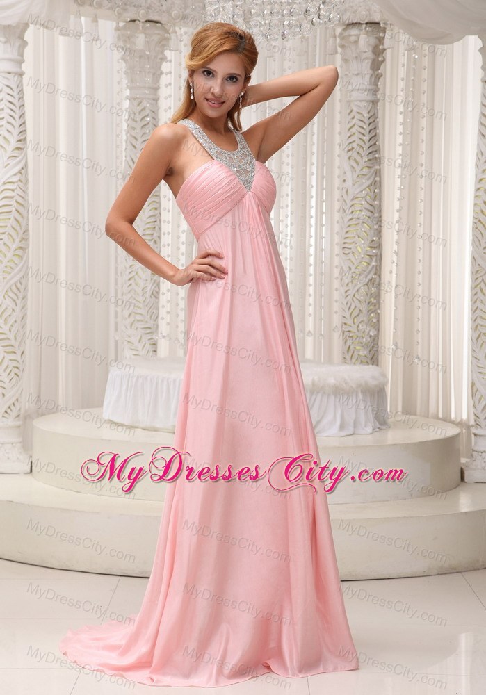 Baby Pink Scoop Chiffon Ruched Brush Train Prom Dress 2013