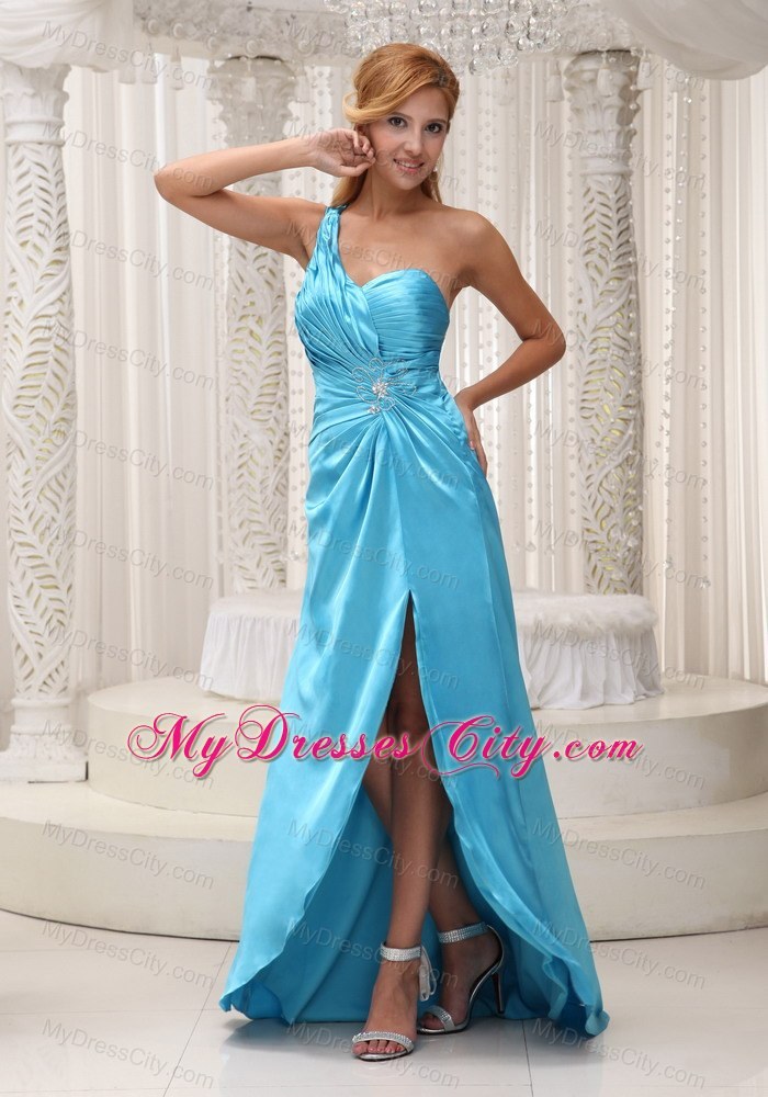 High Slit Taffeta Aqua Blue One Shoulder Dress for Prom