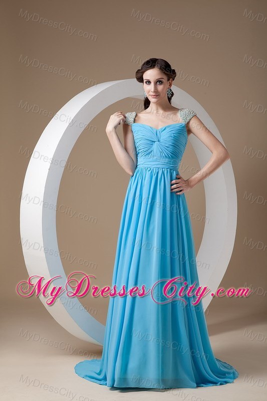 Square Baby Blue Chiffon Empire Brush Train Prom Dress Beaded