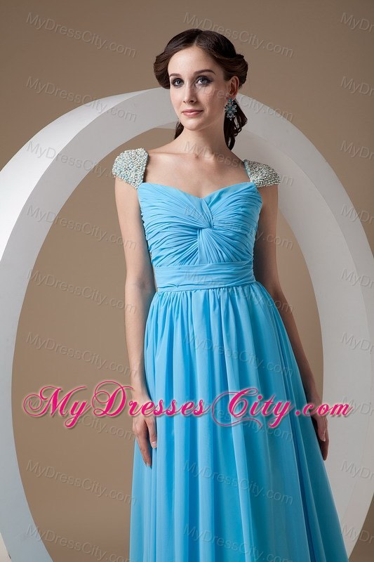 Square Baby Blue Chiffon Empire Brush Train Prom Dress Beaded