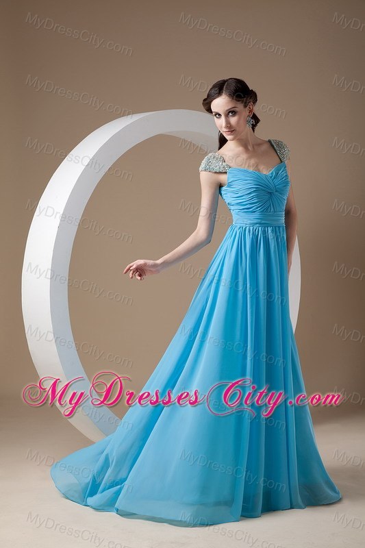 Square Baby Blue Chiffon Empire Brush Train Prom Dress Beaded