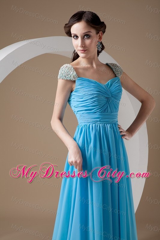 Square Baby Blue Chiffon Empire Brush Train Prom Dress Beaded