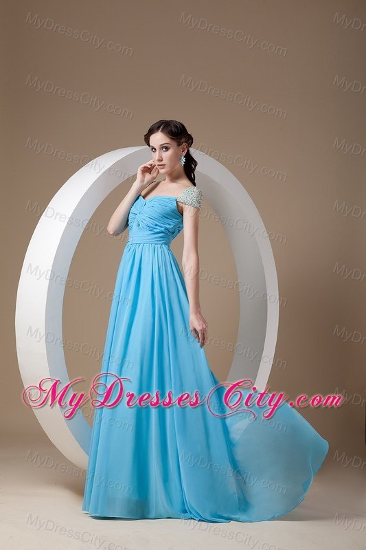 Square Baby Blue Chiffon Empire Brush Train Prom Dress Beaded