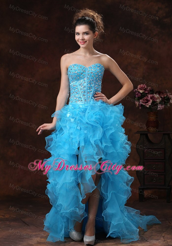 High-low Aqua Blue Prom Dress with Beadings and Ruffles