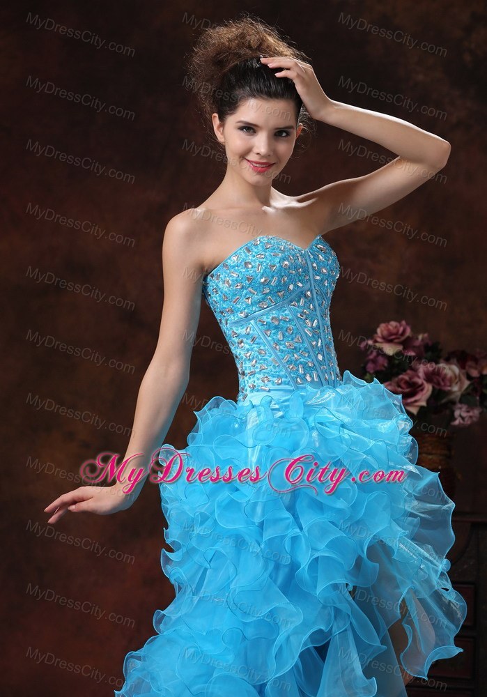 High-low Aqua Blue Prom Dress with Beadings and Ruffles