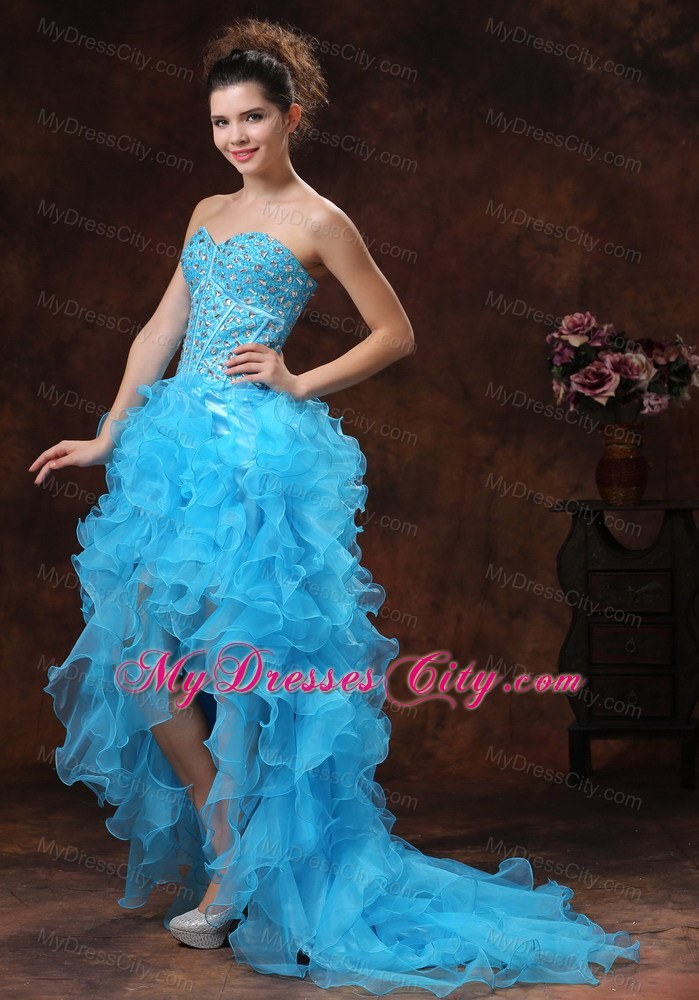 High-low Aqua Blue Prom Dress with Beadings and Ruffles