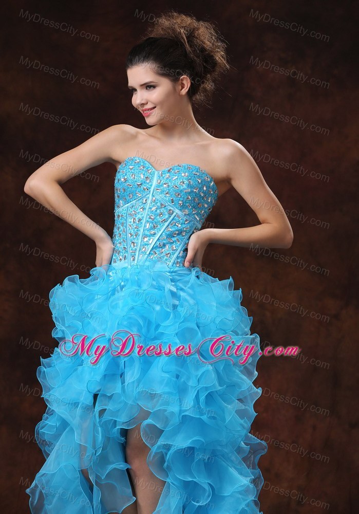 High-low Aqua Blue Prom Dress with Beadings and Ruffles