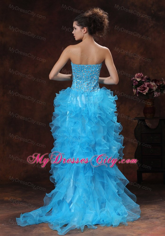 High-low Aqua Blue Prom Dress with Beadings and Ruffles