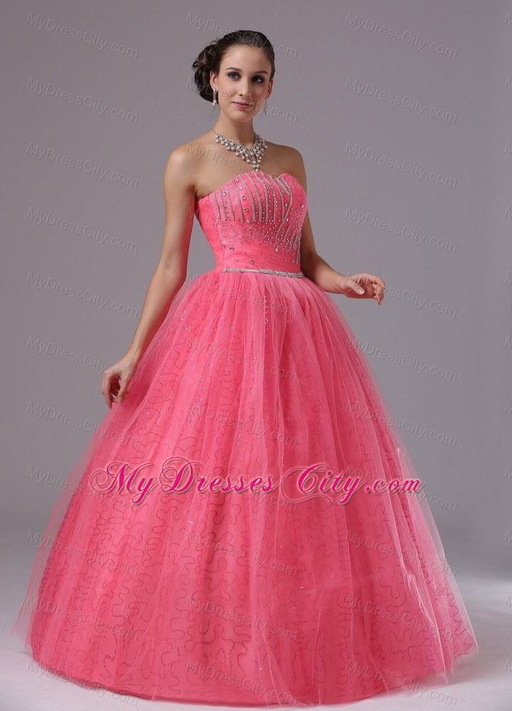 Coral Red Ball Gown Tulle Beaded Prom Dress For 2013