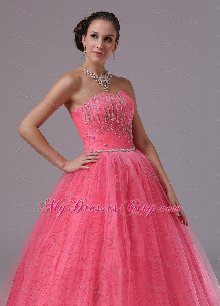 Coral Red Ball Gown Tulle Beaded Prom Dress For 2013