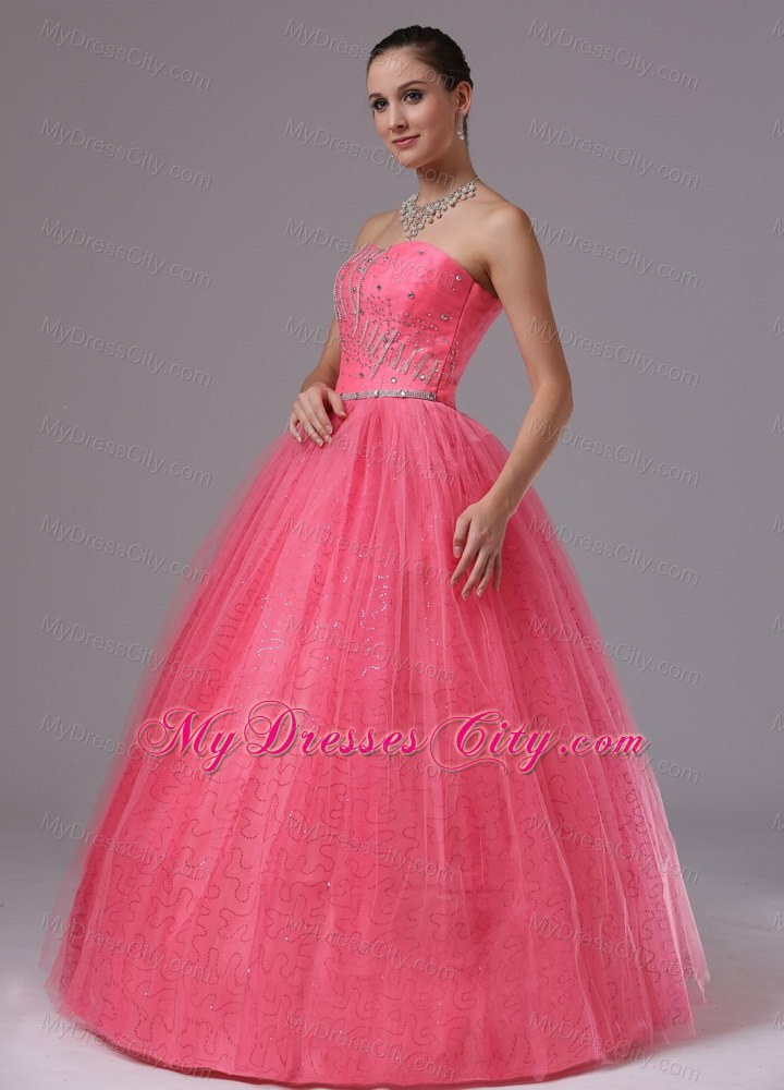 Coral Red Ball Gown Tulle Beaded Prom Dress For 2013