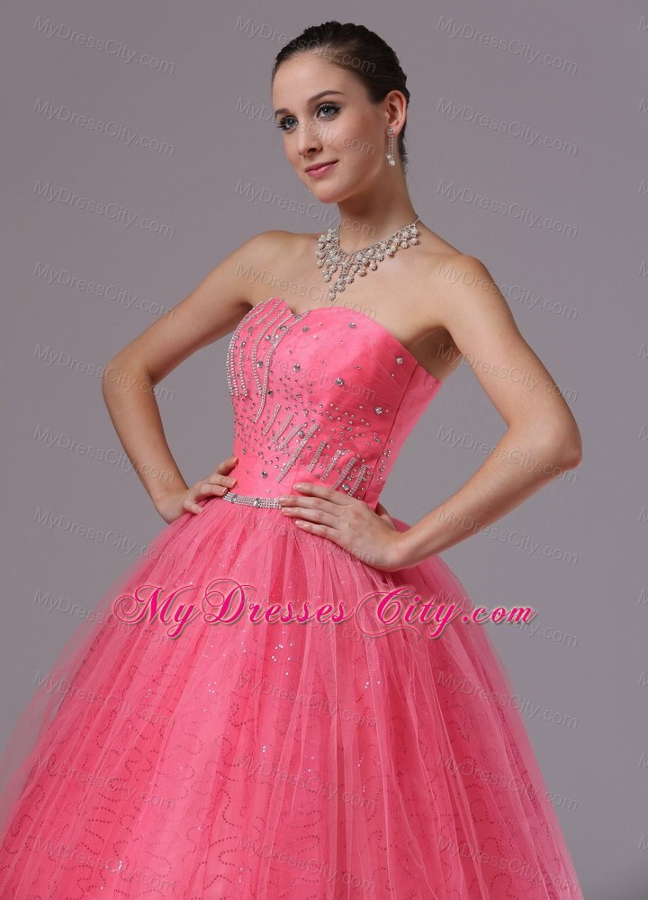 Coral Red Ball Gown Tulle Beaded Prom Dress For 2013