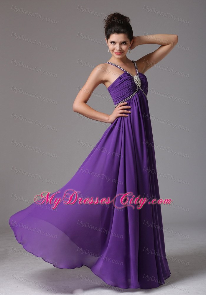 Spagetti Straps Empire Purplw Prom Dress with Ruche and Beads