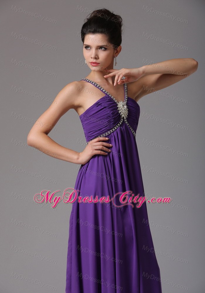 Spagetti Straps Empire Purplw Prom Dress with Ruche and Beads