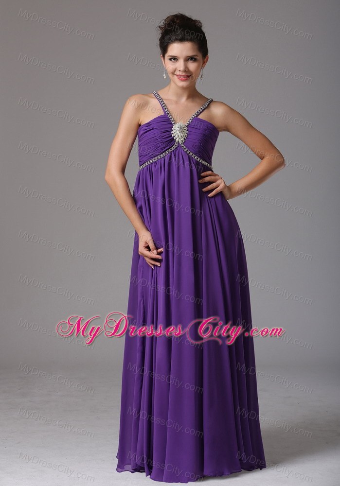 Spagetti Straps Empire Purplw Prom Dress with Ruche and Beads