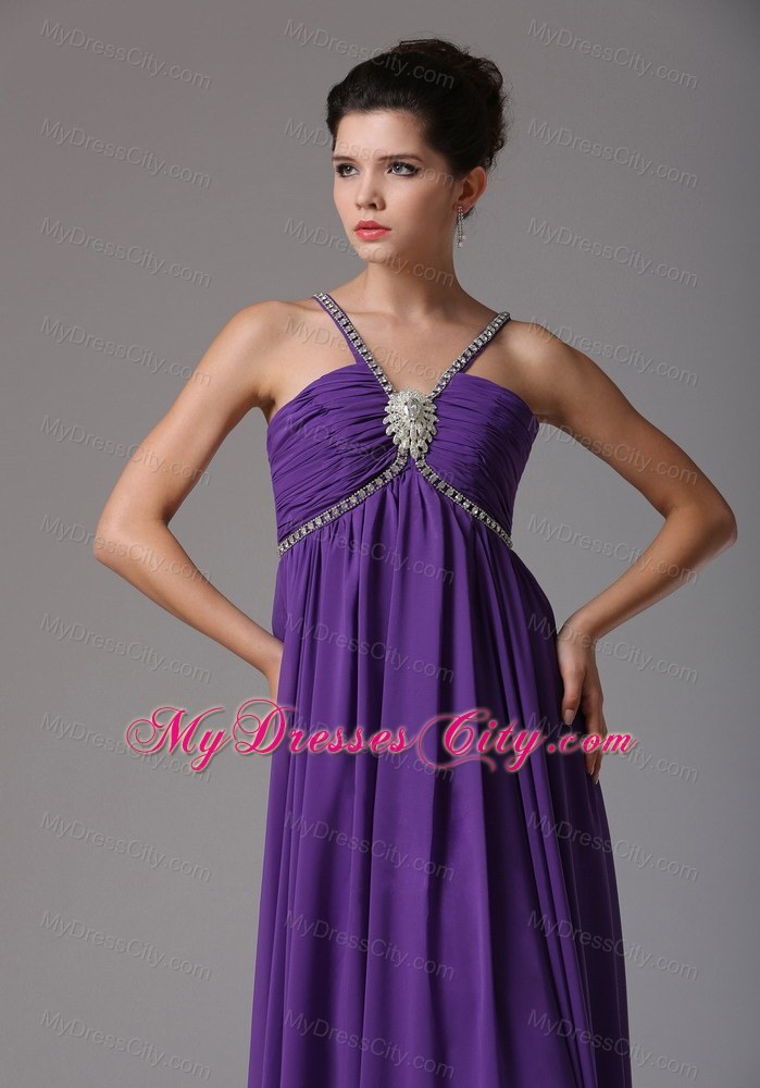 Spagetti Straps Empire Purplw Prom Dress with Ruche and Beads