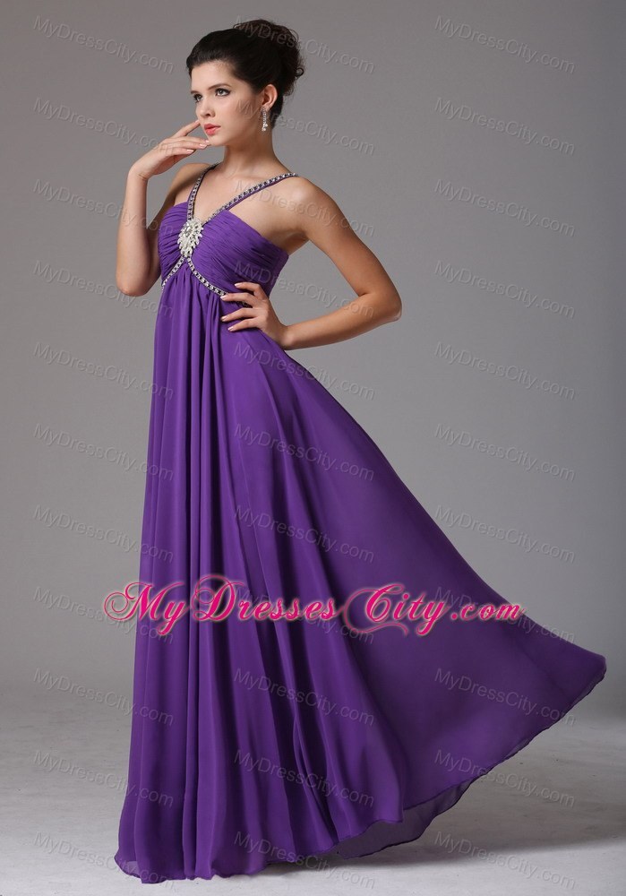 Spagetti Straps Empire Purplw Prom Dress with Ruche and Beads