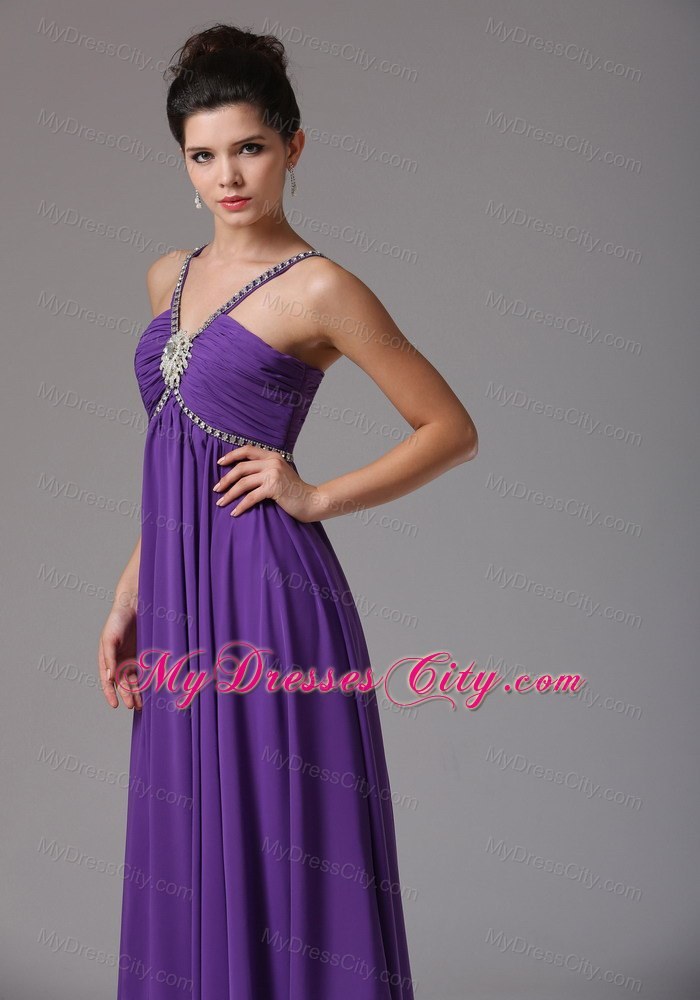 Spagetti Straps Empire Purplw Prom Dress with Ruche and Beads