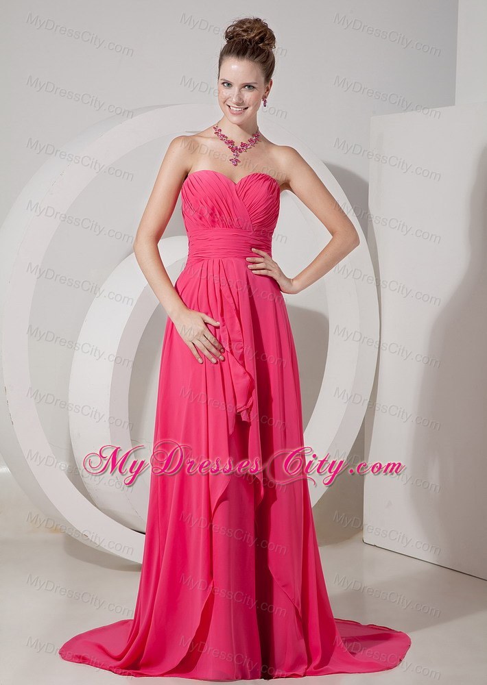 Chiffon Empire Coral Red Brush Sweetheart Prom Dress Cheap