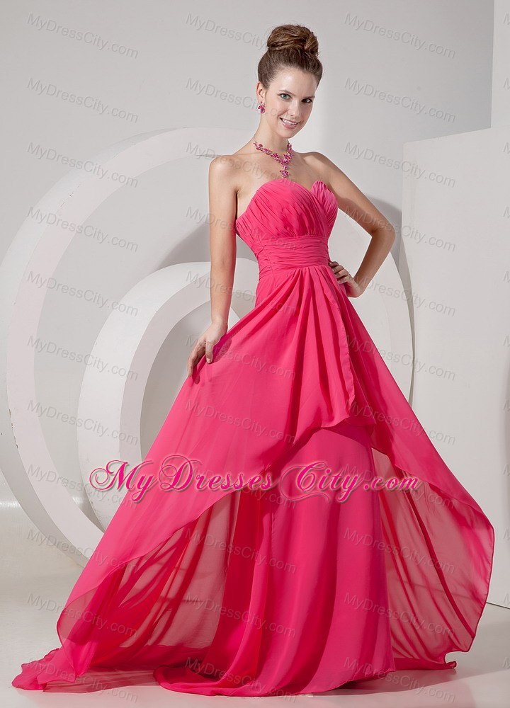 Chiffon Empire Coral Red Brush Sweetheart Prom Dress Cheap