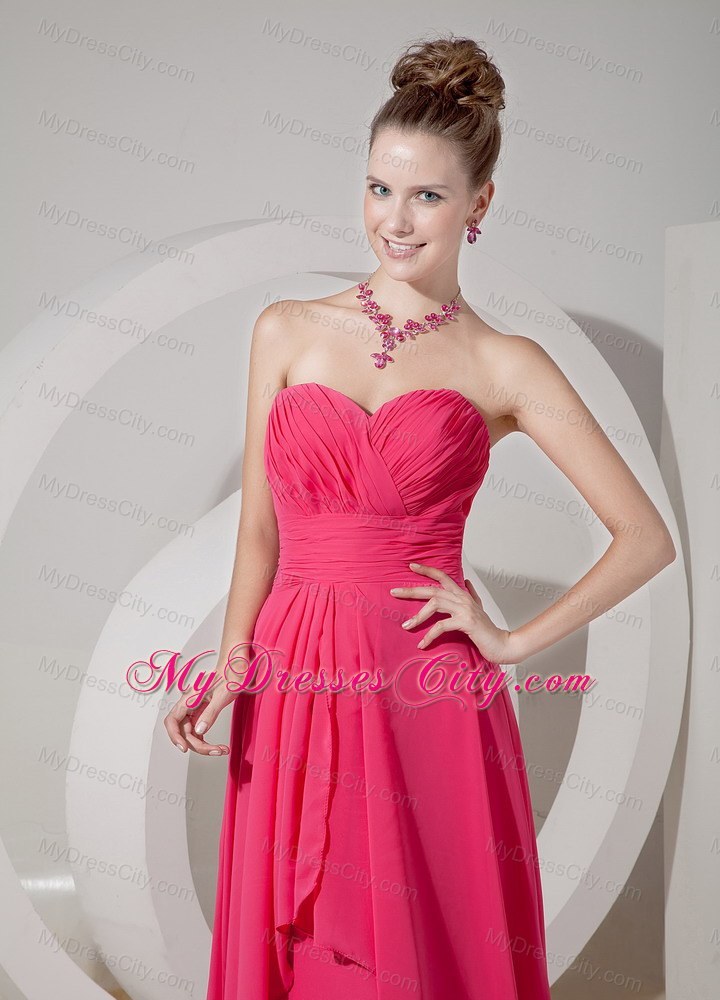 Chiffon Empire Coral Red Brush Sweetheart Prom Dress Cheap